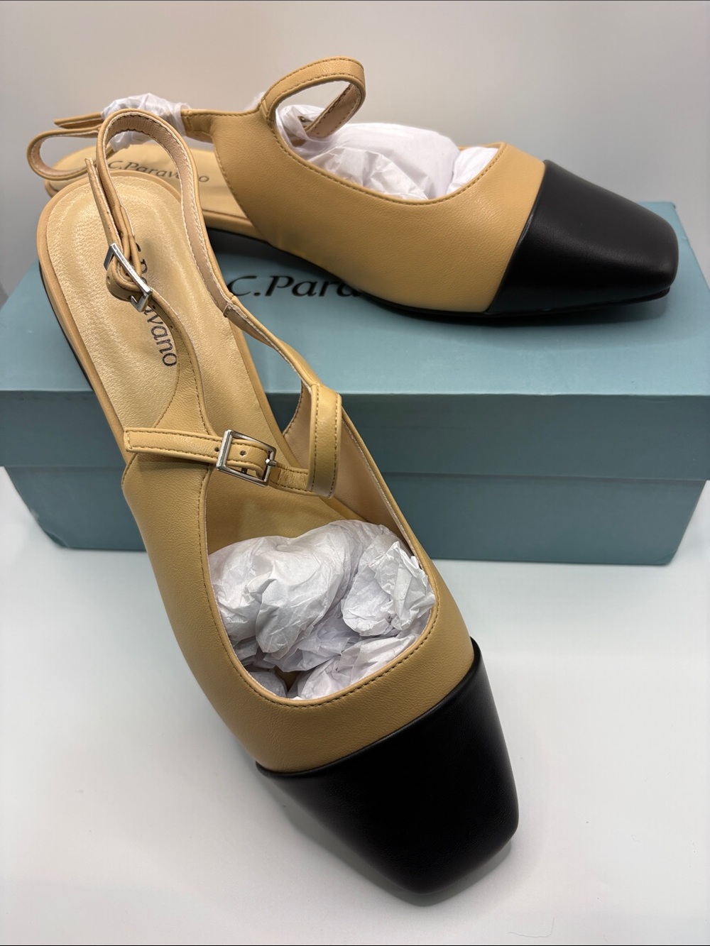 Two-Tone Beige and Black Slingback Flats by C. Paravano
